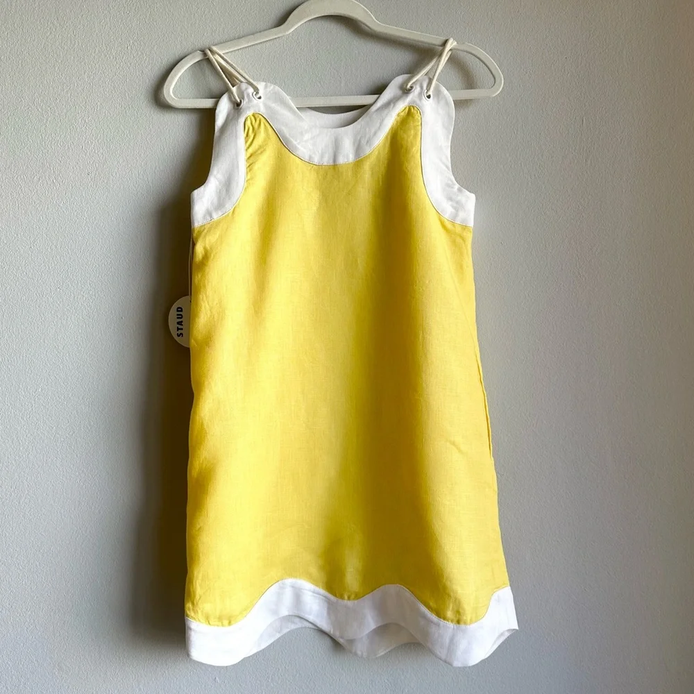 *SOLD* STAUD Renata Linen Mini Dress in Wallflower & White / Scalloped Hem - Picture 4 of 10